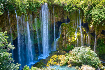 Streams of mountain forest waterfall. Yerkopru waterfall, Turkey