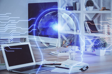 Double exposure of work table with computer and brain sketch hologram. Brainstorming concept.