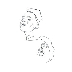 Painting one line young woman or girl portrait face, beauty single icon, simple fashion logo, continuous hand drawing art. Female carton figure isolated on white background.
