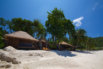 photo taken on a wide-angle lens, panoramic view of a bungalow on the island of Koh Tao in Thailand, transparent sea, a picturesque island, paradise pleasure, travel and vacation