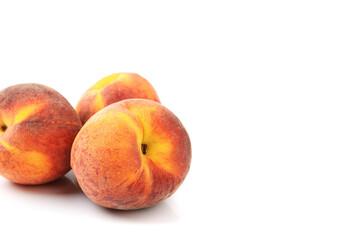 ripe peaches close-up, white isolated background, horizontal view