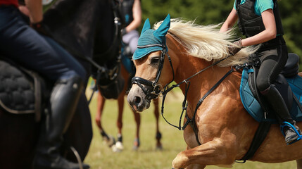 Halflinger galloping in versatility, close-up of the horse's head..