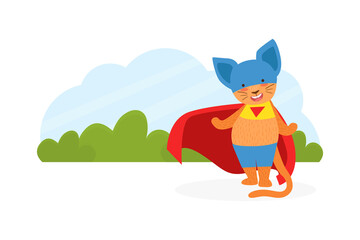 Cat Superhero Character in Mask and Red Cape Cartoon Vector Illustration
