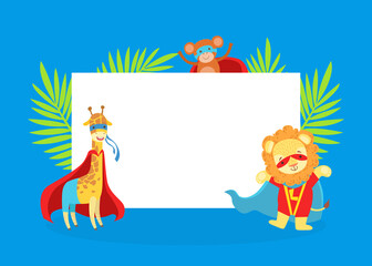 Cute Superhero Animals with Blank Banner, Giraffe, Monkey, Lion in Capes and Masks Standing Next to the Blank Signboard Cartoon Vector Illustration