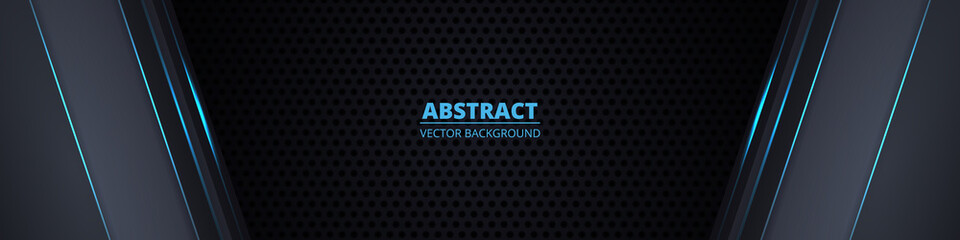 Dark gray carbon fiber wide background with blue luminous lines and highlights. Wide modern, futuristic, technology, luxury abstract background. Dark wide banner. Vector illustration EPS10.
