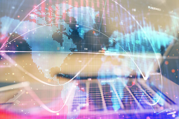 Multi exposure of business theme icons and table with computer background. Concept of success.