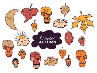Vector set of autumn drawings. Cute and funny different colored leaves and mushrooms, acorn, moon and clouds with cute faces and closed eyes. All elements are isolated.