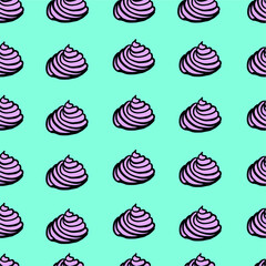 Seamless pink blue pattern with cupcakes marshmallows shells cream