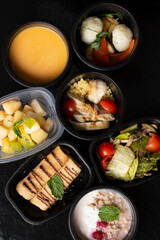 Healthy food, dish delivery concept. Take away of diet meal. Weight loss nutrition, flat lay. Vertical image