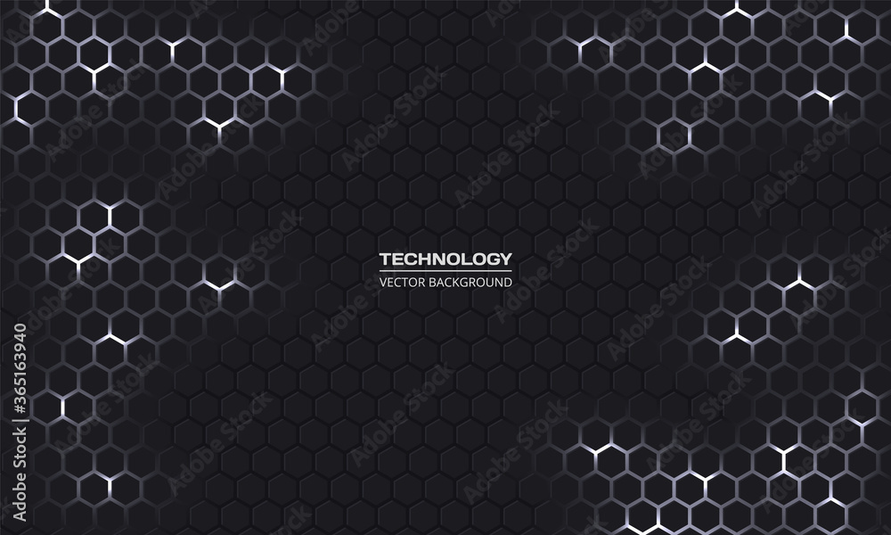 Aufkleber Dark technology hexagonal vector background. Abstract white bright energy flashes under hexagon in dark technology modern futuristic background. Gray and white honeycomb texture grid.
