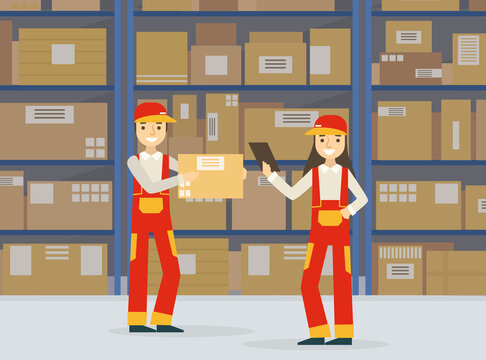 Warehouse Indoor Space with Goods on Shelf and Professional Workers in Uniform, Storage, Distribution and Delivery Service Flat Vector Illustration