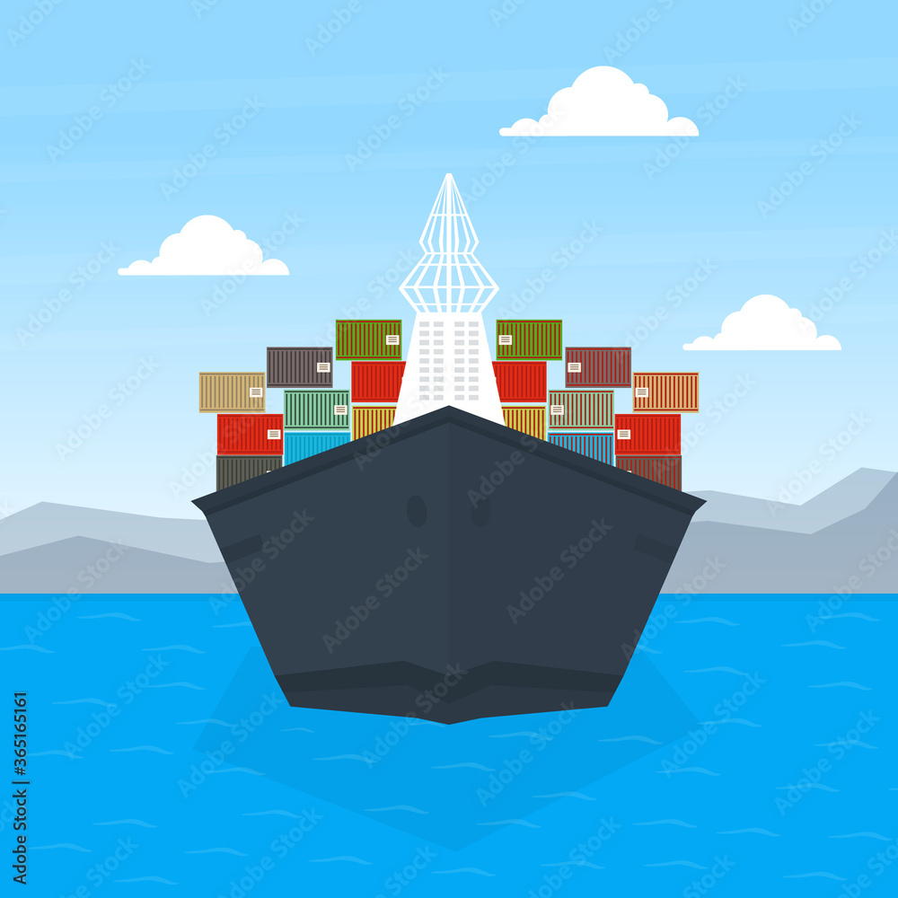 Sticker front view of cargo ship container, maritime shipping freight transportation, cargo logistics flat v