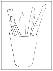 Set of Silhouette school supplies. Stationery in a glass. Vector Outline illustration with pencils, pen and brushes