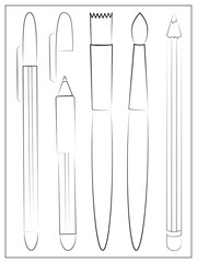 Hand drawn stationery set. Vector Outline illustration. Set of school accessories and supplies. Pencil, Pens and Brushes