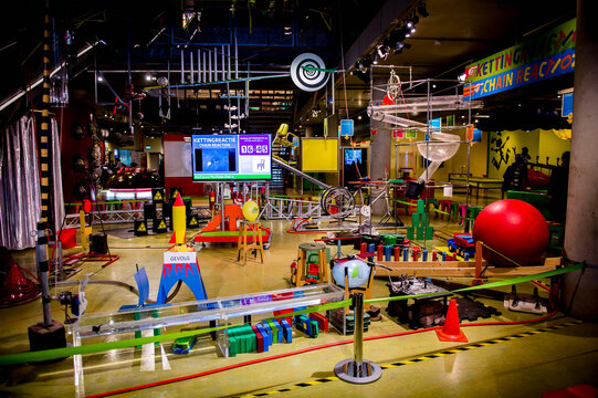 AMSTERDAM, NETHERLANDS - JUN 2, 2015: Children Chain Reaction Construction In The Science Center Nemo, A Science Center In Amsterdam. The Museum Has Origins In 1923