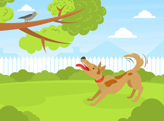 Dog Barking at Bird in Summer Park on Beautiful Summer Landscape Flat Vector Illustration