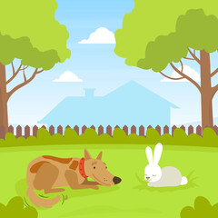 Obraz na płótnie Canvas Cute Dog Looking at White Rabbit Sitting on Lawn in Backyard, Beautiful Summer Landscape Flat Vector Illustration