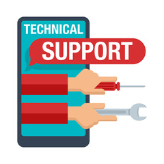 Technical support online icon concept - phone screen, speech bubble and assistant hands with hand fixing tools - isolated illustration