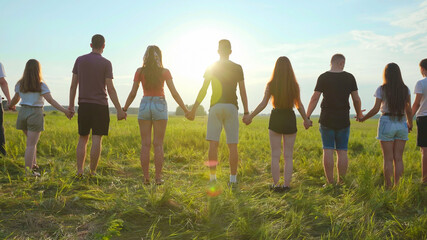 Fototapeta premium Cohesion concept. A group of friends are holding hands at sunset.