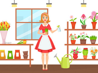 Flower Shop, Beautiful Young Woman Florist in Apron Caring for Houseplants, Girl Standing in front of Shelves with Flowerpots Flat Vector Illustration