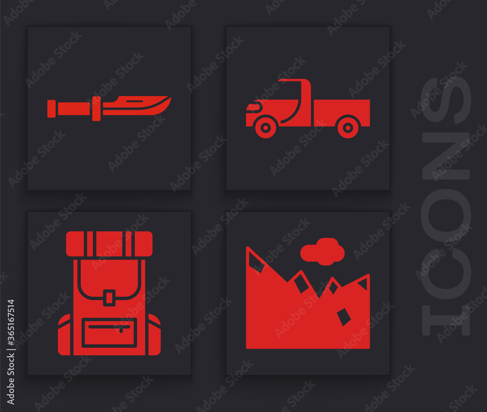 Wall mural set mountains, camping knife, pickup truck and hiking backpack icon. vector.