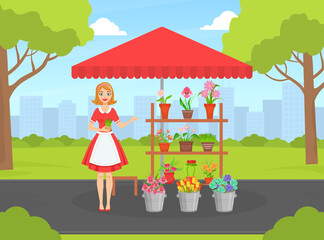 Obraz na płótnie Canvas Beautiful Young Woman Florist in Apron Selling Bouquets of Flowers at Street Market Kiosk or Stand Flat Vector Illustration