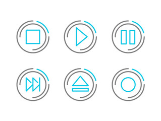 Media player transport buttons design - set of icons with navigation interface elements - stop, play, pause, next, forward, record controls.