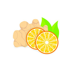 Orange lemon with ginger and green leaf illustration vector