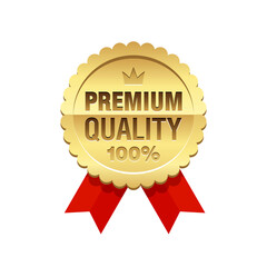 Premium quality golden badge with red ribbon - vector isolated warranty sticker 