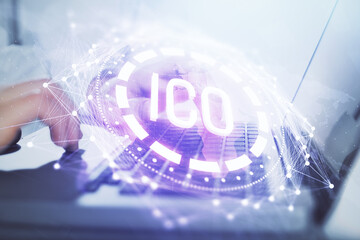 Blockchain theme hud with man working on computer on background. Concept of crypto chain. Double...