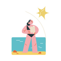 Young woman sunbathing on beach with sunscreen for sun protection