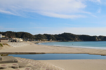 Ubara Beach, Katsuura, Chiba, Japan. This famous white sand beach has crystal clear blue water and white sand with a wonderful view of the Pacific Ocean