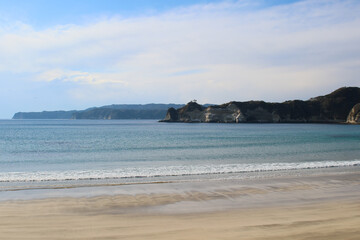 Ubara Beach, Katsuura, Chiba, Japan. This famous white sand beach has crystal clear blue water and white sand with a wonderful view of the Pacific Ocean