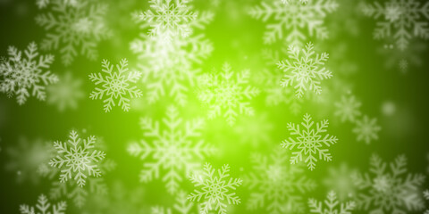 Abstract yellow green background with flying snowflakes