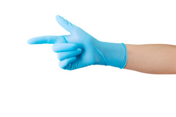 Doctor's hand in medical gloves pointing by finger on side isolated on white