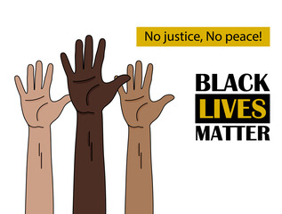 Black Lives Matter. Human hand. Fist raised up. people with different skin colors raising their hands. Unity concept.