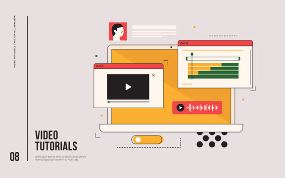 Video Manual For Online Training And Seminars And Computer Courses. Education For Everyone. Distance Learning. Laptop Monitor With Open Windows Of Players. Video Tutorials. Flat Vector Illustration.