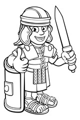 A Roman soldier cartoon character holding a sword and doing a thumbs up