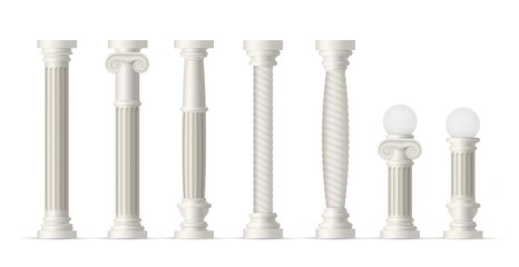 Antique columns set. Isolated realistic classic white column collection. Antique stone pillar icons. Vector Roman and Greek ancient architecture and culture