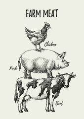 Hand drawn sketch farm animals set. Vector black and white vintage illustration poster