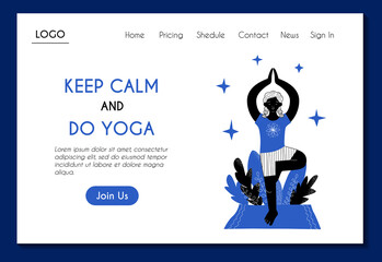 Obraz na płótnie Canvas Web page template for online yoga and meditation. Girl is doing tree asana relaxation exercise. Stock modern flat illustration concept for landing page. Website design easy to edit and customize. 