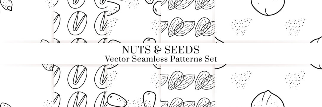 Nuts and seeds vector pattern. Outline hand drawn design