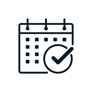 Check mark, approved with calendar outline icons. Vector illustration. Editable stroke. Isolated icon suitable for web, infographics, interface and apps.