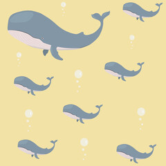 Beautiful poster with blue whale on yellow background for wallpaper design. Pattern