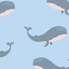 Beautiful poster with blue whale on blue background for wallpaper design.