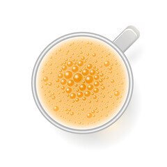 Beer with foam in a mug. Top view. Drink with foam in a mug. View from above.