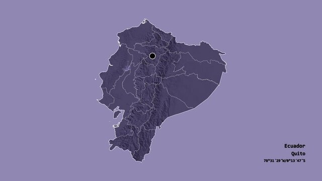 Santo Domingo de los Ts&aacute;chilas, province of Ecuador, with its capital, localized, outlined and zoomed with informative overlays on a administrative map in the Stereographic projection. Animation 3D