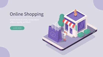 Character Holding Shopping bag and Standing near Shop. Customer Making Order in Mobile App. Online Shopping and Mobile Commerce Concept. Flat Isometric Vector  Illustration.