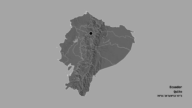 Santo Domingo de los Ts&aacute;chilas, province of Ecuador, with its capital, localized, outlined and zoomed with informative overlays on a bilevel map in the Stereographic projection. Animation 3D