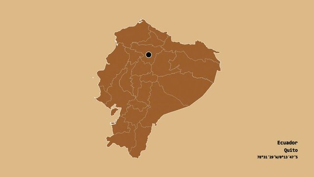 Santo Domingo de los Ts&aacute;chilas, province of Ecuador, with its capital, localized, outlined and zoomed with informative overlays on a solid patterned map in the Stereographic projection. Animation 3D